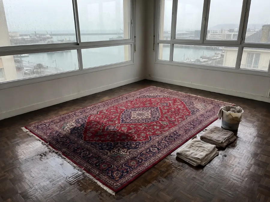 Tapis d'Orient en laine rouge posé sur un parquet trempé après une fuite d'eau, avec des serviettes et un seau à côté (illustration)